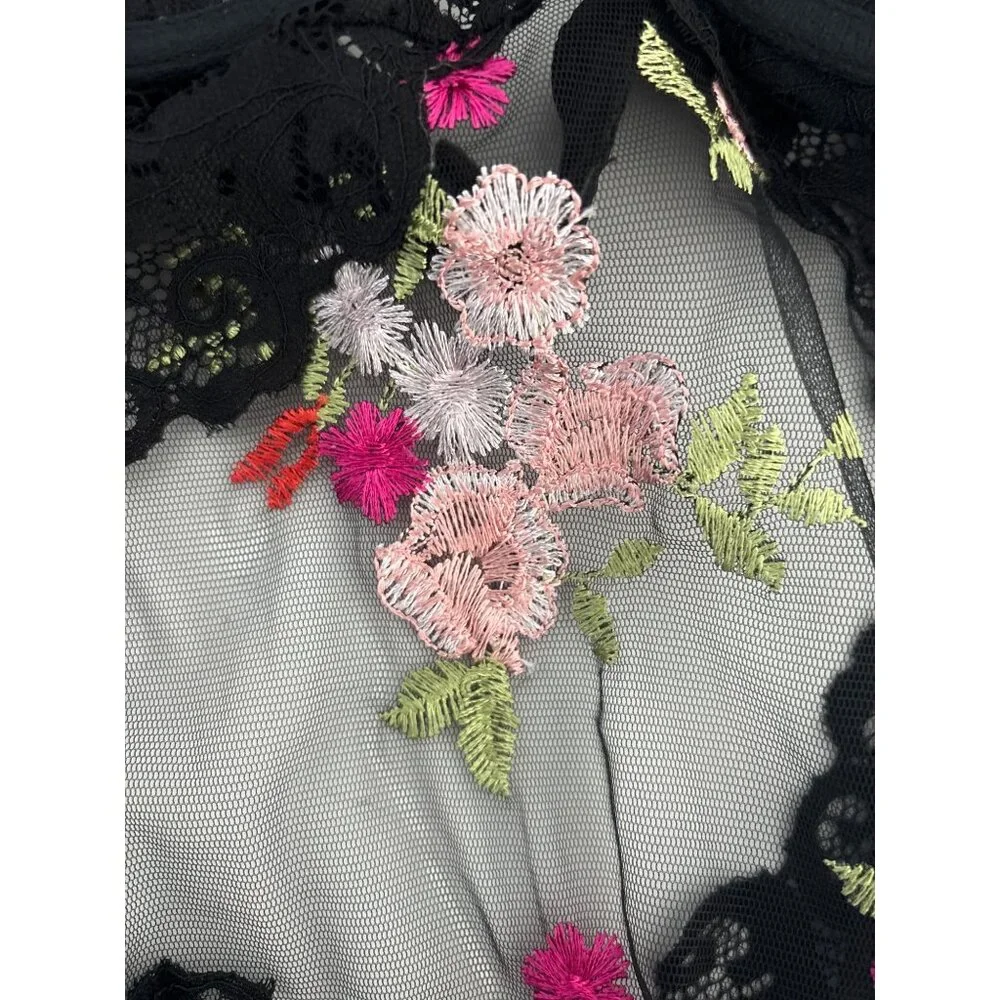 Y2K Bodysuit Small Sheer Lace Floral Embroidered Black Mesh Open Back Lingerie - Picture 16 of 16